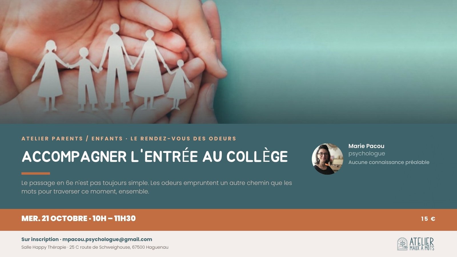 Atelier parents / enfants Accompagner l'entrée au collège, 21 octobre, avec Marie Pacou